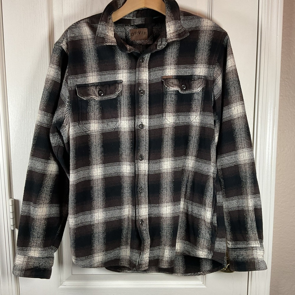 Orvis Men's Flannel Shirt Medium Brown Tan Plaid 100% Cotton Button Down EUC